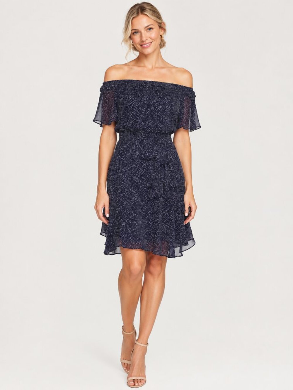 TAHARI Arthur S. Levine Pettite Chiffon Polka Dot Off Shoulder Navy 14P #A4729